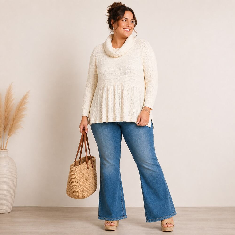 Simple Suzanne Betro Women 1X Ivory Cable Knit Cowl Neck Sweater NWT Boho Cozy